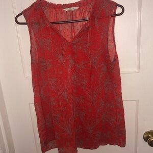 Red Sleeveless Sung Top with Floral Design. Ruffled neck,tie - at front preloved